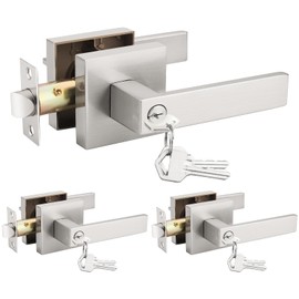 Probrico 3 Pack Satin Nickel Interior Bedroom Entrance Door Lever Doorknobs Door Lock One Keyway Entry Keyed Entrance Lockset Each with 3 Keys