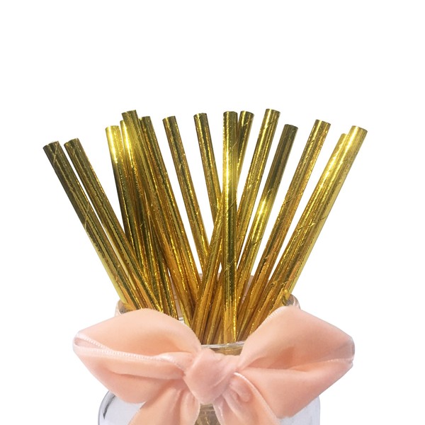 Gold Drinking Straws, Metallic Golden Paper Straws for Wedding, Birthdays,