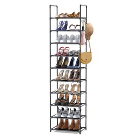 HODYANN 10 Tiers Tall Shoe Rack, 20-25 Pairs Boots Organizer Storage Sturdy Narrow Shoe Shelf, Metal Stackable Shoe Rack for Entryway, Closet with Hooks, Black