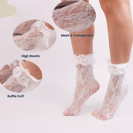 SHRFLASH Lace Socks for Womens Girls,Cute Ruffle Frilly Lolita Dress Socks for Concerts School Black/White/Pink/Grey