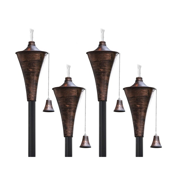 Legends Direct Set of 4, Oahu Tiki Style Torches for Outside Torch, 53" Tall - /w Snuffer, Fiberglass Wick & Large 16oz Oil Lamp for Deck, Patio, Lawn, Garden, Luau (Brushed Bronze)