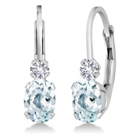 Gem Stone King 14K White Gold Sky Blue Aquamarine and White Created Sapphire Leverback Earrings For Women | 0.94 Cttw | Gemstone March Birthstone | Oval 6X4MM | Round 2MM | 3/4 Inch