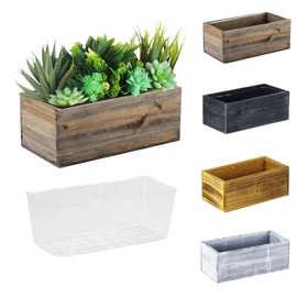 CYS EXCEL Small Natural Brown Wood Rectangle Planter with Removable Plastic Liner (H:4" Open:10"x5") Country Rustic Indoor Decorative Box for Flower Succulent