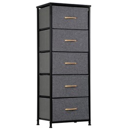 SUPER DEAL Fabric Dresser for Bedroom 46 inch Tall Dresser Vertical Storage Tower Chest of Drawers with 5 Storage Drawers Wood Top and Sturdy Metal Frame for Closet Living Room Hallway Entryway, Grey
