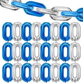 Blue Silver Chain Balloons, 24PCS Giant Chain Foil Balloons Garland for 80s 90s Hip Hop Party Decorations, 16 Inch Chain Link Balloons for Retro Theme Birthdays Graduations Weddings Arch Supplies