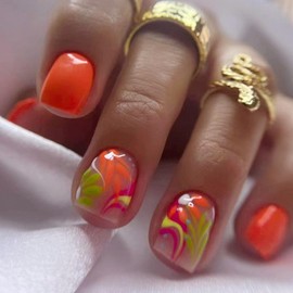 Summer Press on Nails Square False Nails with Colorful Flower Designs Short Fake Nails Orange Nails Press ons Cute Acrylic Nails Glossy Glue on Nails Artificial Stick on Nails for Women 24 Pcs