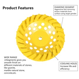 waltyotur 7 Inch Diamond Cup Grinding Wheel 24-Segments Heavy Duty Turbo Row Grinding Disc Diamond Segments 5/8-11 Arbor for Angle Grinder Polishing and Cleaning Concrete Granite Marble Stone