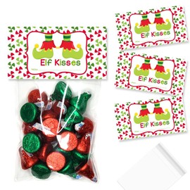 Elf Kisses Christmas Treat Bag Toppers for Party Favor Treat Bags, Set of 20 Bag Toppers With 20 Self-Adhesive Bags Also Included! by AmandaCreation