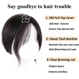 Hair Toppers for Women 10inch Real Human Hair Toppers for Women with Thinning Hair 360° 3D No Bangs 9 * 12CM Base Area Topper Hair For Women, Covers Sparse Hair,Conceal hair loss(#Black Brown)
