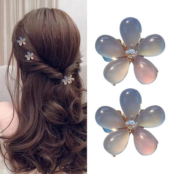 Small Flower Claw Clips | Flower Hair Clips | Metal & Cat's Eye Stone Clips | Hair Accessories for Daily Use | Mini Hair Clips - Great for Women Girls | Flower Clips for Hair | 2Pcs | Gradient Blue