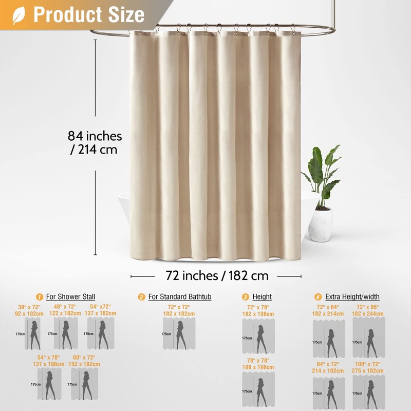 BTTN Extra Long Fabric Shower Curtain, 84 Inch Linen Textured