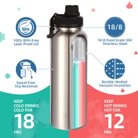 Volhoply 40 oz Insulated Water Bottles Paracord Handle, Stainless Steel Bottle with Spout Lid, Double Walled Metal Travel Water Cups with Wide Mouth, Reusable Water jug for Adults (Silver,1 Set)