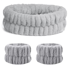 Leikedun 3 Pcs Grey Spa Headband Wrist Washband Set Soft Makeup Headbands Elastic Skincare Headband Yoga Sports Shower Facial Fluffy Headband wrist washband Makeup Hair Band , 1.0 count