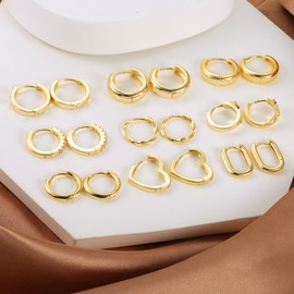 Gold Hoop Earrings Set, ALEXCRAFT 9 Pairs Multipack Small Gold Hoop Earrings for Women, 14k Real Gold Plated Piercing Cartilage Earrings Gold Cubic Zircon Twist Heart Square Chunky Hoop Earrings
