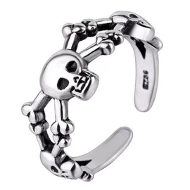 Kysin Chiys Gothic Skull Ring Open Wrap Rose Flower Skeleton Adjustable Statement Ring Sterling Silver Retro Vintage Cocktail Party Punk Jewelry for Women Men - Ring C