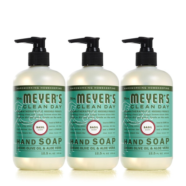 MRS. MEYER'S CLEAN DAY Hand Soap, Made with Essential Oils, Biodegradable Formula, Basil, 12.5 fl. oz - Pack of 3