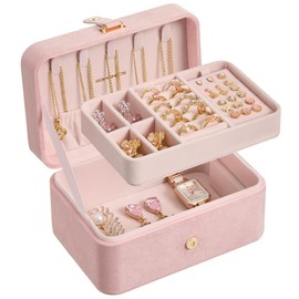 SONGMICS Jewelry Box, Travel Jewelry Case, 2-Layer Jewelry Holder Organizer, 4.6 x 6.3 x 3 Inches, Jelly Pink UJBC166R02