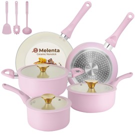 M MELENTA Pots and Pans Set Non Stick, Pink Ceramic Cookware Set, 11-Piece Induction Cookware, Non Toxic Healthy Kitchen Cooking Set, Gold Knobs Lids, Stay-Cool Handles