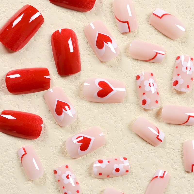 Valentine's Press on Nails Medium Length Red Love Heart White