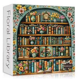 Vintage Bookshelf Puzzles for Adults 1000 Pieces, Flower Blooming Bookshelf Jigsaw Puzzle Library, Wildflower Pages Puzzle Retro Floral Botanical Aesthetic Art, Difficult Hard Challenging