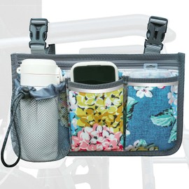 SHIFANQI Wheelchair Bag, Walker Bag, Wheelchair Side Bag, Armrest Organizer Pouch with Cup Holder Attachment and Reflective Strip, Accessories for Most Wheelchairs, Walkers, Rollators, Blue Flowers