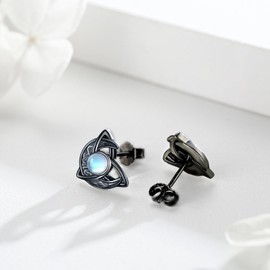 Sterling Silver Moonstone Stud Earrings - Hypoallergenic Celtic Moon Earrings for Women & Girls