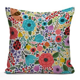 Tomda Cute Lady Beetle Pillow Decorative Cushion Cover Colorful Summer Plants and Flowers Throw Pillow Case Cotton Linen French Decor Rustic Pillow Cover for Sofa Couch 45x45cm 18x18 Inch