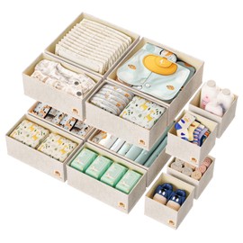 ZenStorage 12 Pack Linen Nursery Drawer Organizer for Baby Clothes, Drawer Organizer for Baby Diaper, Collapsible Deep Baby Clothing Organizer with Zipper for Socks, Bra, Towels, Ties, Beige