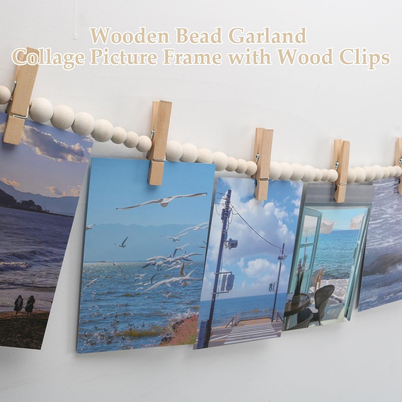 Hanging Photo Display with 15 Clips, 67 Inch Boho Wooden