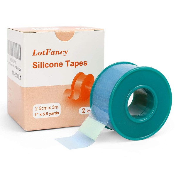 2Rolls 1”×5.5 Yds LotFancy Medical Silicone Tape, Waterproof Adhesive Surgical Tape, Pain-Free Removal, Water-Proof Skin Tape for Surgery First Aid, Wound, Bandage and Sensitive Skin, Latex Free