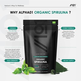 Organic Spirulina 1000mg | 300 Vegan Tablets - Pure Supplement Formula with No Additives – Certified Organic, Non GMO, Gluten Free, Halal by Alpha01