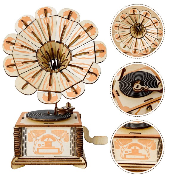 JANKOW 3D Wooden Puzzle Music Box Phonograph, Hand Crank Music