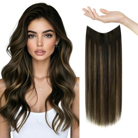 Sunny Wire Hair Extensions Real Human Hair Fish Line Human Hair Extensions Invisible Wire Extensions Dark Brown to Light Brown with Dark Brown #2/2/6 20 Inch