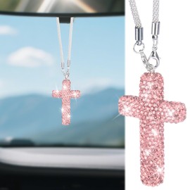 Cross for Car Mirror Hanging, Bling Cars Pendant Charm, Double-Sided Diamond Christian Cross Rearview Mirror Accessories, Car Accessories for Women (Pink)