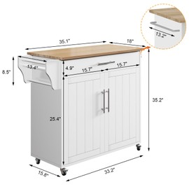 Jarenie Kitchen Island on Wheels, Portable Rolling Kitchen Cart Storage Cabinet with Solid Wood Countertop, Shelf, Spice Rack, Towel Rack and Drawer (#03 White)