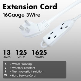 PALARINE Indoor Extension Cord Power Strip 3 Outlets Flat Plug, UL Listed, 16 Gauge 20 ft White 3 Prong Heavy Duty, 16/3 SJTW 13A Outlet Extender