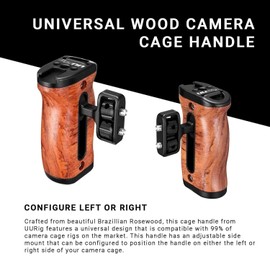 R027 Universal Wood Handgrip Handle for Camera Cage Rigs | Adjustable Configuration Left or Right with Cold Shoe and Threaded Mounts for Accessories