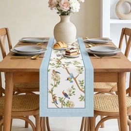 Bonhause Spring Summer Blue Birds Floral Table Runner 13x72 Inch Flowers Leaves Branch Kitchen Dining Table Decoration for Indoor Outdoor Home Party Decor