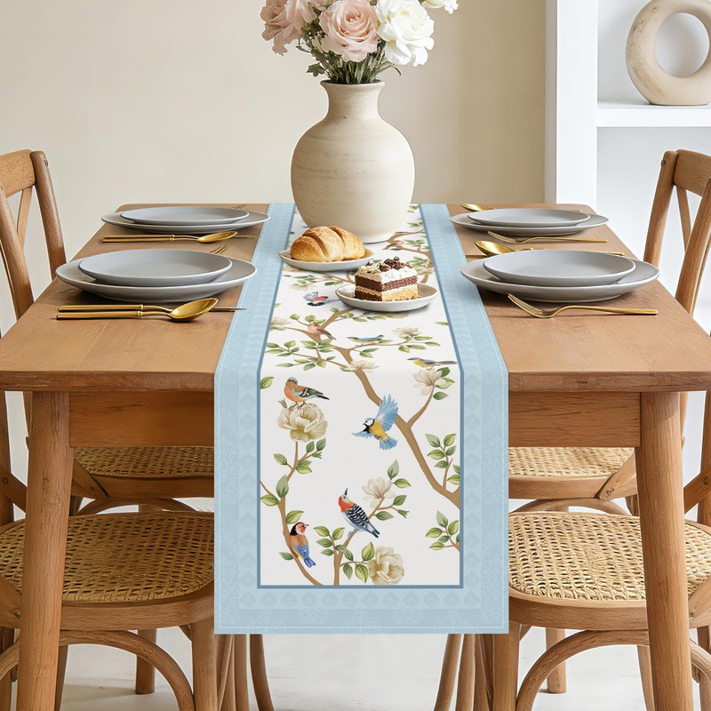Bonhause Spring Summer Blue Birds Floral Table Runner 13x72 Inch