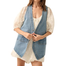 LouVasabuce Women Western Baggy Denim Vest Button Down Sleeveless Back Slit Distressed Jean Jacket Vintage Long Denim Vest (SKY BLUE, XL)