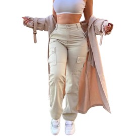 SDNGED Cargo Pants for Women High Waisted Casual Pants Work Pants Baggy Stretchy Straight Leg Pants Y2K Streetwear with Pockets Apricot