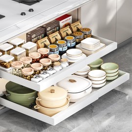 2 Pack Expandable Pull Out Cabinet Organizer 21" Deep, Upgrade 3 Slide Rails No Drill Adjustable Slide Out Drawers, Adjustable Width 12.05"-20.5" for Kitchen,Pantry,Framed Cabinets White