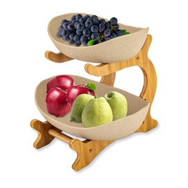 YIYIBYUS 2 Tier Bamboo & Ceramic Fruit Basket for Kitchen Counter - Space Saving Double Layer Storage Bowl for Fruits, Vegetables, Snacks - Decorative Serving Stand (Khaki)