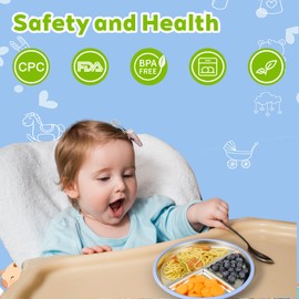 Rycid 3-Pack Stainless Steel Baby Plates with Suction, BPA-Free Stainless Steel Kids Plates, 9” Divided Toddler Plate for Dishwasher Safe, Non-Slip Silicone Base, Detachable (Blue, Green, Purple)