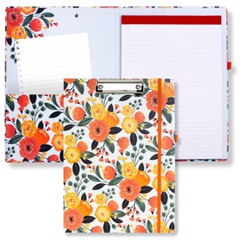 Steel Mill & Co Cute Clipboard Folio with Refillable Lined Notepad and Interior Storage Pocket, Earth-Toned Flower Padfolio for Work or School, Orange Floral