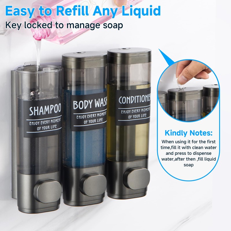 Shampoo and Conditioner Dispenser,GlintGath Shower Dispenser 3 Chamber No Drill