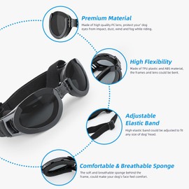 Lesypet Dog Goggles with Replaceable Lenses for Medium Large Breed, Anti-UV Wind Protection Dog Sunglasses Outdoor Motorcycling Driving Eye Protection Pet Sunglasses, Black