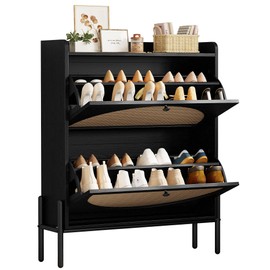 IRONCK Shoe Cabinet Storage with 2 Flip Drawers, Free Standing Wooden Shoe Storage Organizer Cabinet with Rattan Doors for Entryway, Narrow Shoe Rack Cabinet, Black