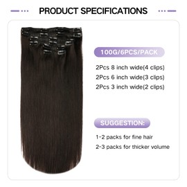 Sindra Clip-In Real Hair Extensions, 16 Inches/40 cm, 6 Pieces, 100 g, Natural Black Hair Extensions, Clip-In Hair Extensions, Straight, Silky Natural Hair, C#1B, 16 Inches