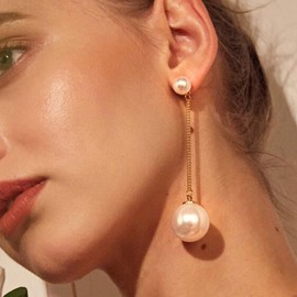 Aneneiceera Boho Long Pearl Earrings Vintage Gold Tassel Pearl Drop Earrings Large Pearl Dangle Earrings Chain Bead Ball Earrings Statement Wedding Prom Earrings for Women Girls